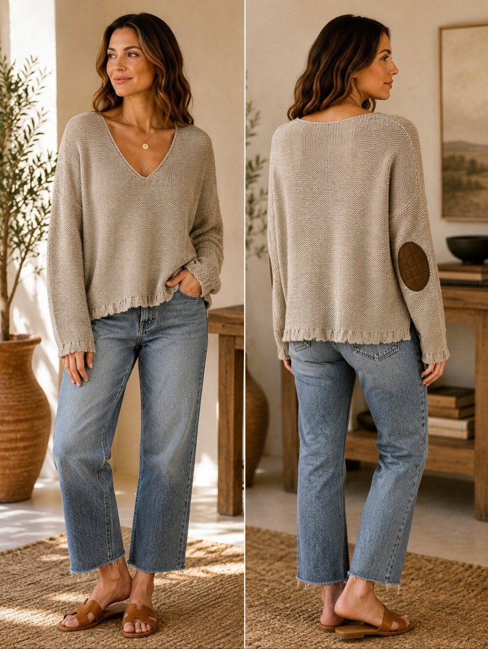 RDI Beige Cotton Knit Boho Sweater Faux Suede Elbow Patches V Neck Size Large